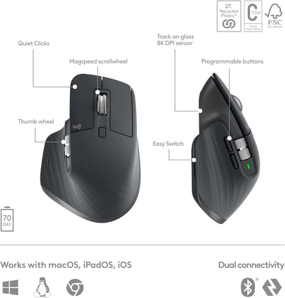 Logitech MX Master 3S - Wireless Performance Mouse with Ultra-fast Scrolling, Ergo, 8K DPI, Track on Glass, Quiet Clicks, USB-C, Bluetooth, Windows, Linux, Chrome - Graphite