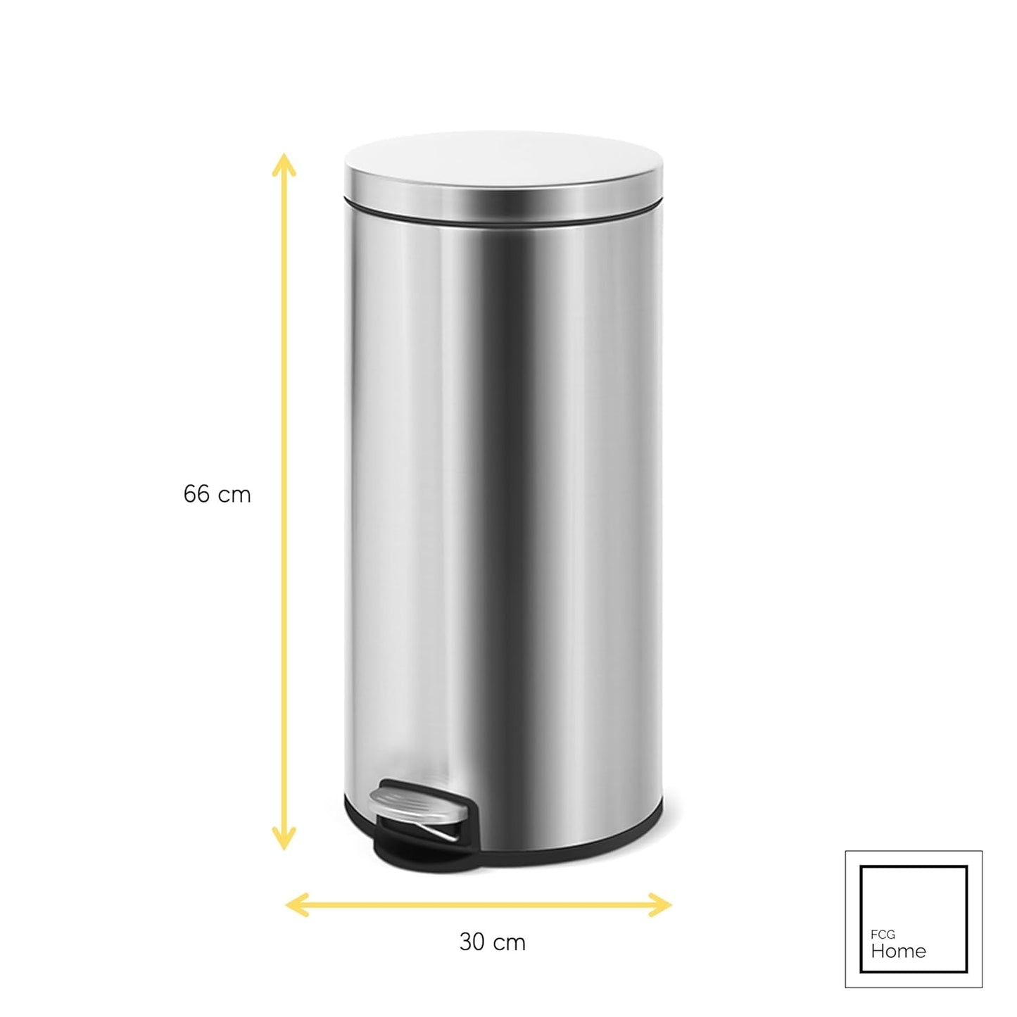 FCG Home - Bin, Classic Round Pedal Trash Can, Hands-Free Ideal For Kitchen, Bathroom, Bedroom, Office, Stainless Steel 30L Grey