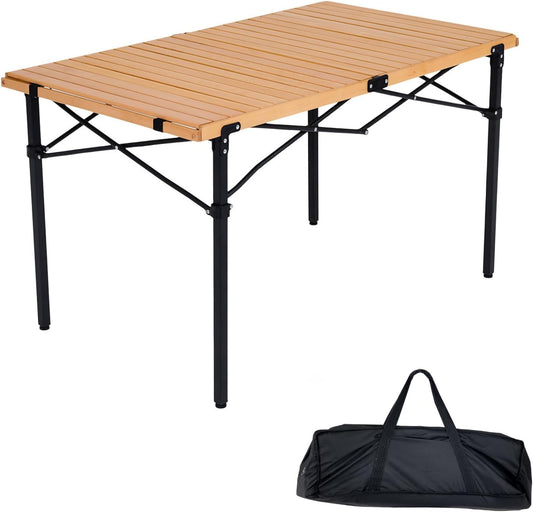 Natural Wood Roll Up Folding Table – Durable and Portable for Picnic, Camping, Beach, Outdoor – BBQ, Pizza Oven Stand – Multifunctional Foldable Table with Carry Bag – Size 120x70x70 cm - W:10 Kg