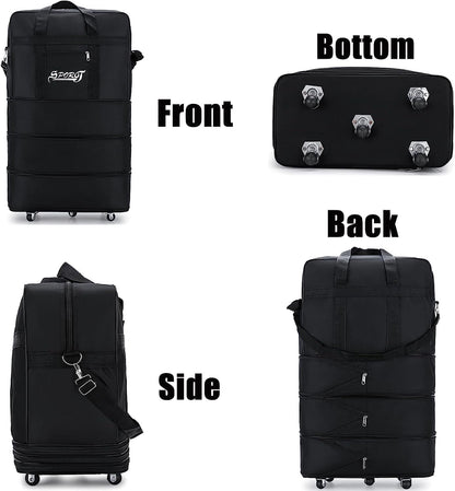 M X M Travel Moving Trolley Luggage Foldable Bag with Wheels XX-Large 30kg/120L â€“ Waterproof Zipper Extendable Duffel Organizer Bag (Black-A)