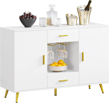 YITAHOME Buffet Cabinet, Sideboard & Buffet with Storage, Credenza with Adjustable Shelf, Wine Glass Holder, Drawers, Modern White & Gold Dresser for Living Room, Kitchen, Dining Room