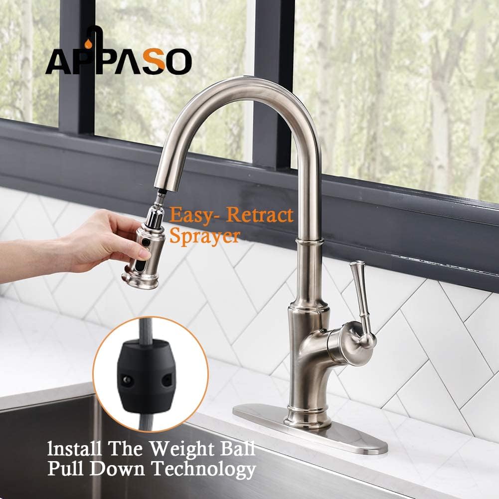 APPASO Kitchen Faucet with Pull Down Sprayer - Single Handle One Hole High Arc Pull Out Kitchen Sink Faucets with Deck Plate, Brushed Nickel, APS220BN