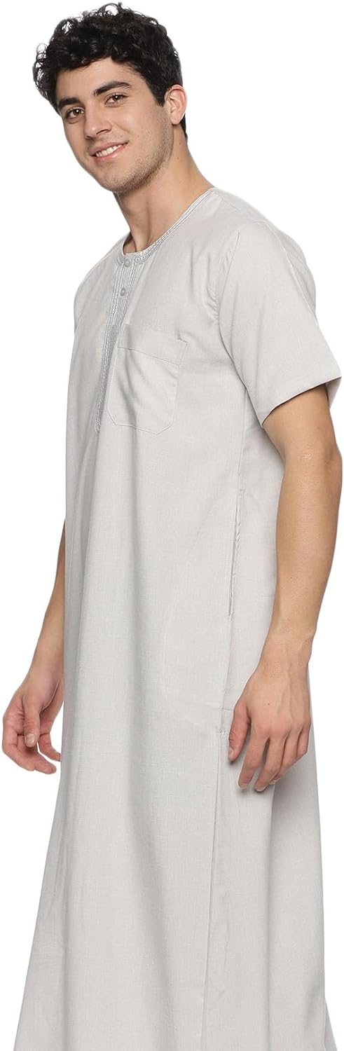 Men's Round Neck Short Sleeves Jalabiya | Breathable Kaftan Style Thobe for Comfort & Elegance