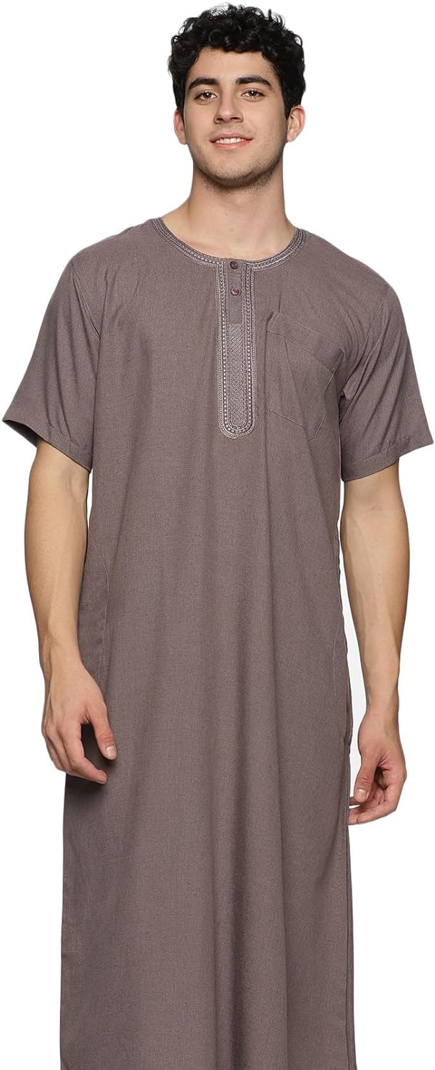 Men's Round Neck Short Sleeves Jalabiya | Breathable Kaftan Style Thobe for Comfort & Elegance