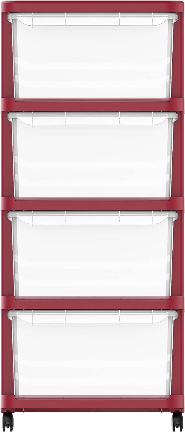 Cosmoplast 3 Tiers Multipurpose Storage Cabinet With Wheels, Dark Red With Translucent Drawers