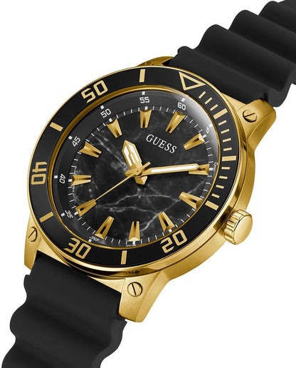 GUESS US Men's Gold-Tone and Black Silicone Analog Watch, one