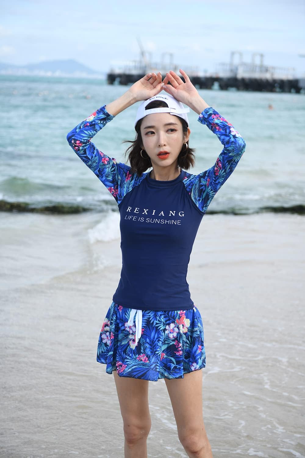 Women Two Piece Rash Guard Printed Swimsuit UV UPF 50+ Swim Shirt Bathing Suit with Retro Swimdress