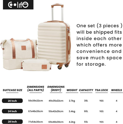 COOLIFE Suitcase Trolley Carry On Hand Cabin Luggage Hard Shell Travel Bag Lightweight with TSA Lock,The Suitcase Included 1pcs Travel Bag and 1pcs Toiletry Bag (White/Brown, 28 Inch Luggage Set)