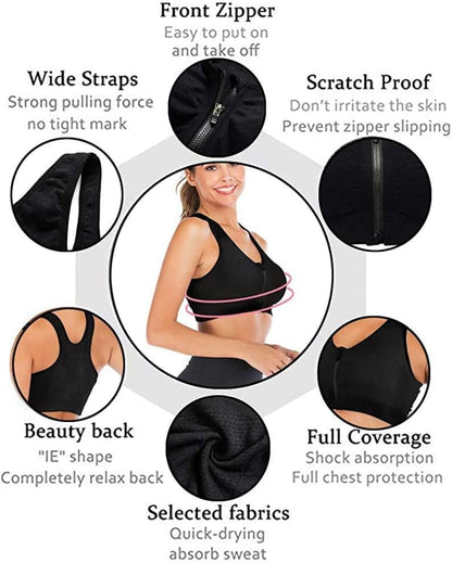 2 Pcs Zip Front Sports Bra, Post Surgery Bra Yoga Bra Workout Fitness Activewear Racerback Padded Bras for Women