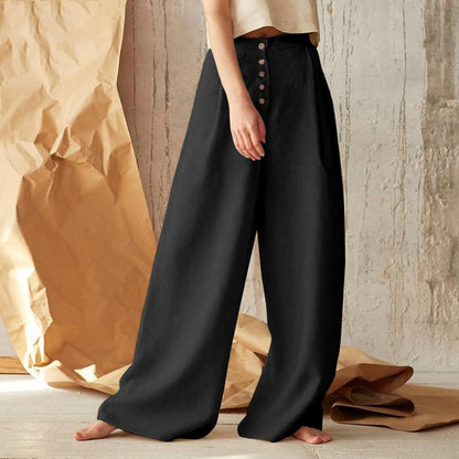 Women's Simple Loose Cotton Linen Pants Solid Color High Waist Casual Button Linen Wide Leg Pants