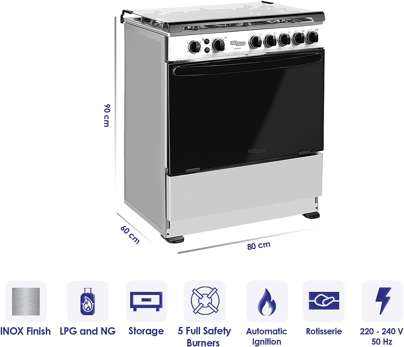 Super General 80 X 60 cm, 5 Gas Burners, Gas Oven with Rotisserie Free Standing Gas Cooker, Stainless Steel - SGC801FS