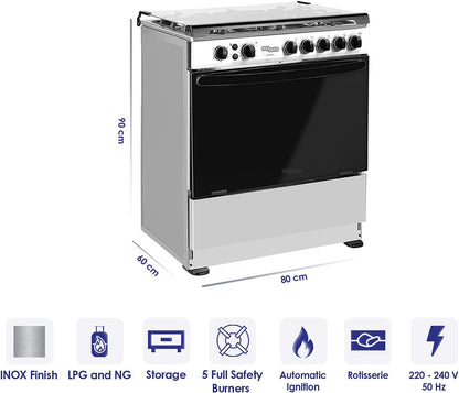 Super General 80 X 60 cm, 5 Gas Burners, Gas Oven with Rotisserie Free Standing Gas Cooker, Stainless Steel - SGC801FS