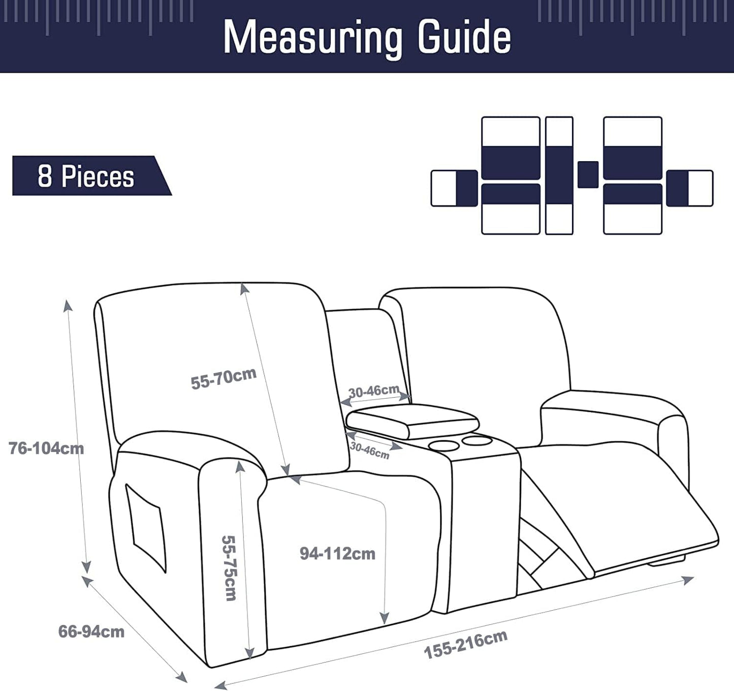 CULOTOL 8-Piece Velvet Stretch Loveseat Reclining Sofa Covers, Reclining Love Seat with Middle Console Slipcover, 2 seat Love Seat Recliner Cover, Thick, Soft, Washable (Black)