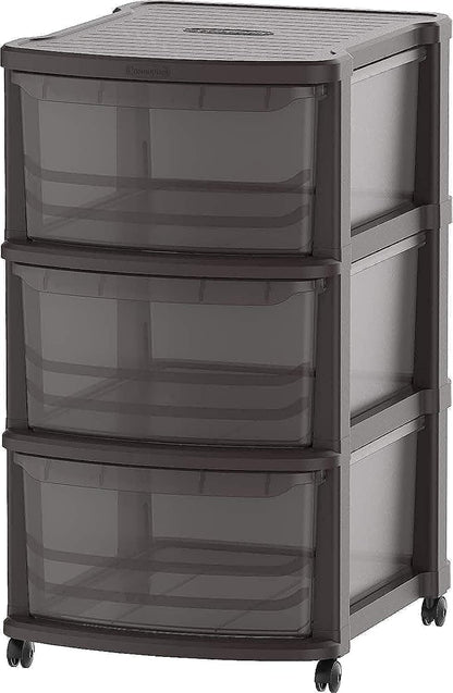 Cosmoplast 3 Tiers Multipurpose Storage Cabinet With Wheels, Dark Red With Translucent Drawers