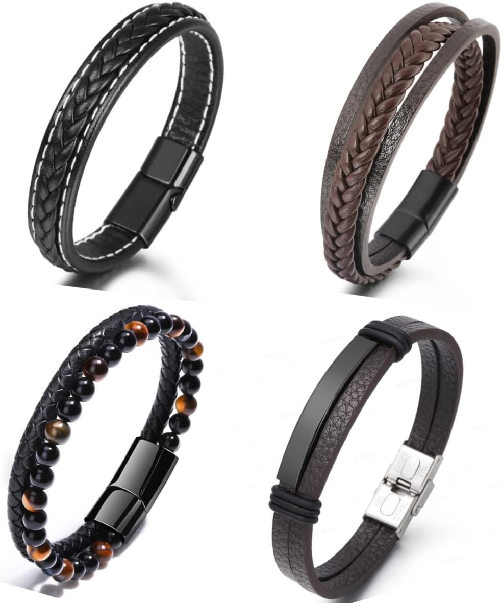 Tomovely 4Pcs Mens Leather Bracelets Black Bracelet Leather for Men Women Steel Magnetic Clasp Braided Cuff Bracelets