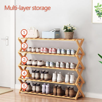 Foldable Shoe Rack Shoe Storage Cabinet Bamboo Shoe Shelf Portable and Dustproof for Living Room Entryway Hallway Shoe Organizer Balcony Flower Plant Stand (Wood, B-5Layer)