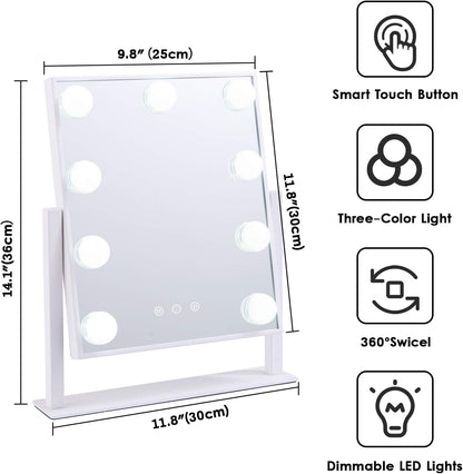 BWLLNI Lighted Makeup Mirror Hollywood Mirror Vanity Mirror with Lights, Touch Control Design 3 Colors Dimable LED Bulbs, Detachable 10X Magnification, 360°Rotation, White.