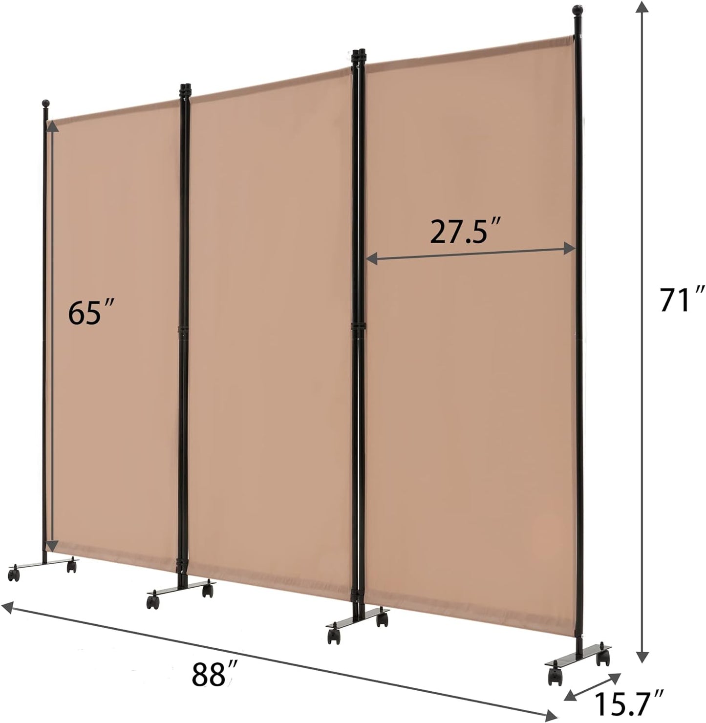 Spurgehom 3 Panel Rolling Room Divider, Folding Partition Privacy Screens, Freestanding Fabric Room Panel, Portable Folding Wall Divider for Office, Room,Restaurant, Hospital (Beige)