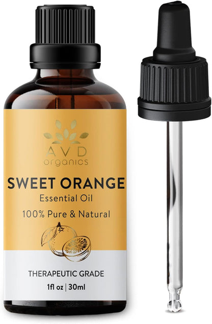 AVD Organics Sweet Orange Essential Oil 100ml - Pure, Natural, Cold Pressed & Undiluted -Use in Aromatherapy Diffusers for Mood Lifting - 3.38 fl. Oz