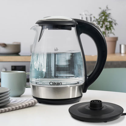 Clikon – 1.8 Liter Glass Body Electric Cordless Kettle with 360° Swivel Base, Power Cord Storage, Auto Cut-off Function, LED Indicator, 1500 Watts, 2 Years Warranty, Clear - CK5138