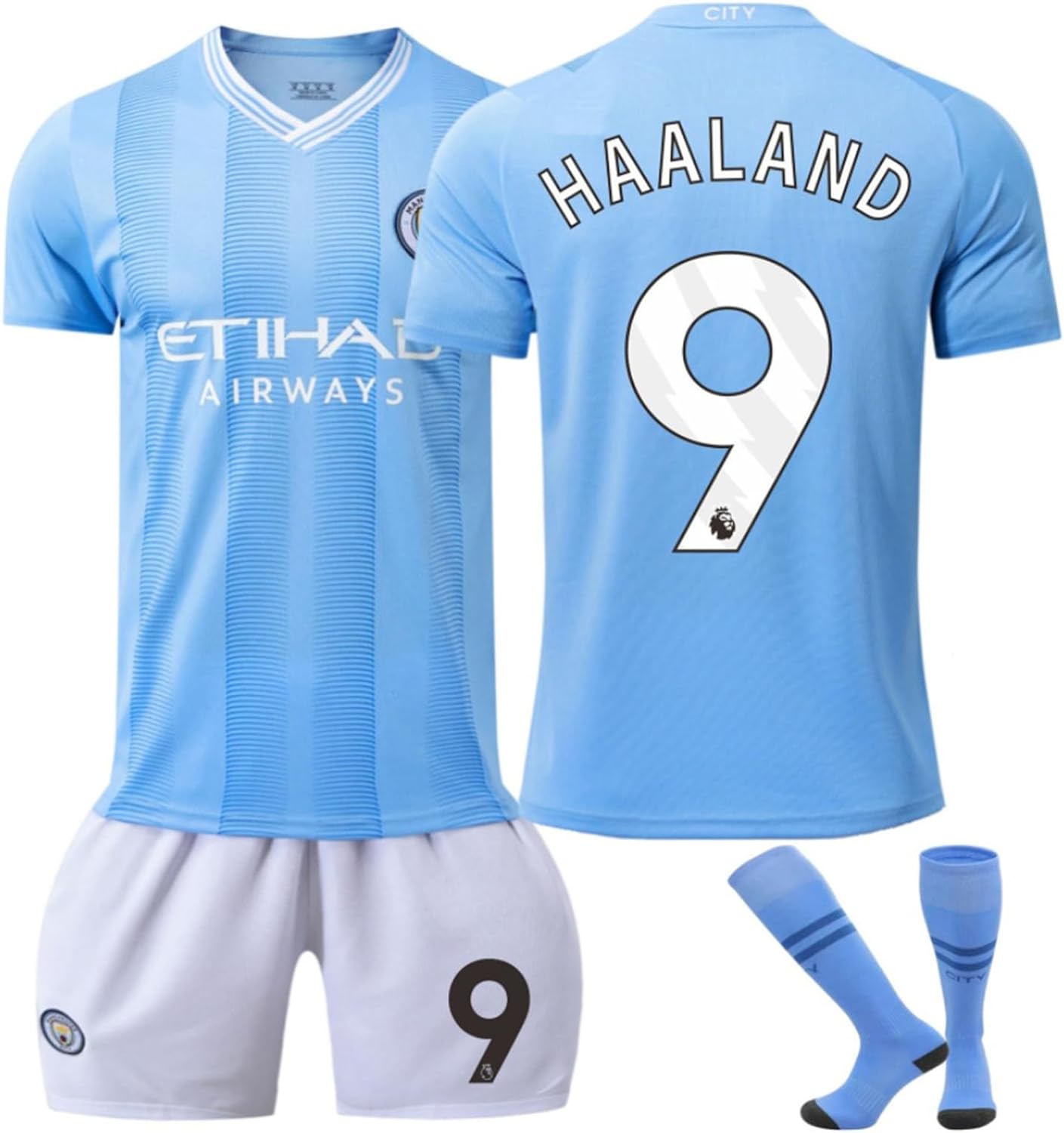 VUCATIN Haaland Football Jersey for Kids Set, Manchester City #9 Haaland Kids Football Jersey 2023/2024 New Season Manchester Away Kids Socks Football Shorts Kit Gift Set