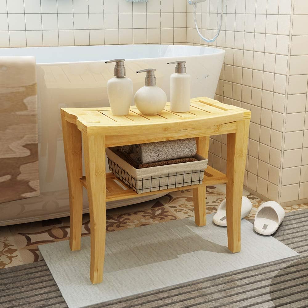 sogesfurniture Bamboo Shower Bench Seat, Bathroom Waterproof Shower Chair with Storage Shelf Organizer, Bathroom Bench Seat for Adults Elderly Seniors for Indoor or Outdoor Use, Bamboo