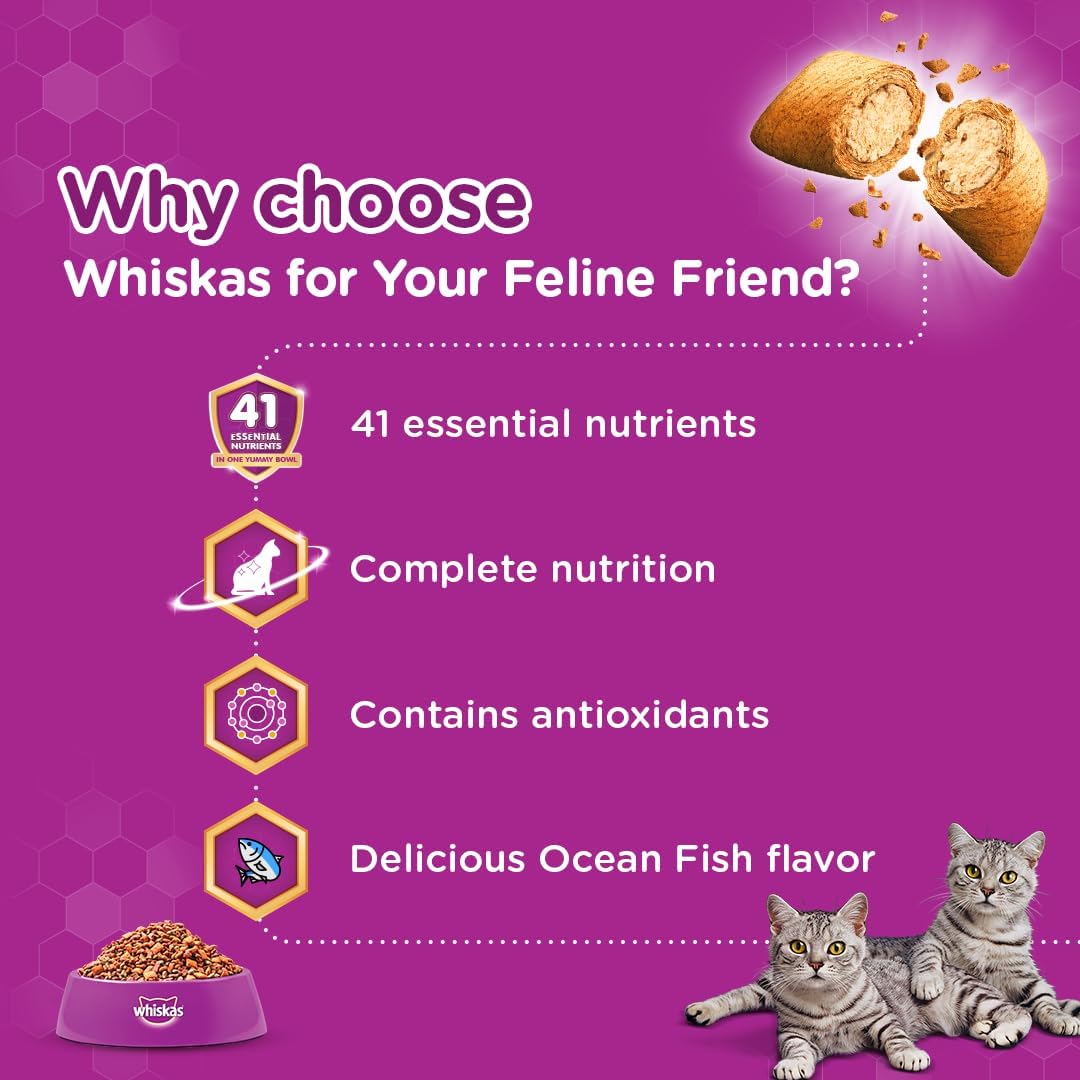 Whiskas Ocean Fish Dry Food, for Adult Cats 1+ Years, Formulated to Help Cats Maintain a Healthy Digestive Tract and Sustain a Healthy Weight, Complete Nutrition & Great Taste, Case of 15x480g