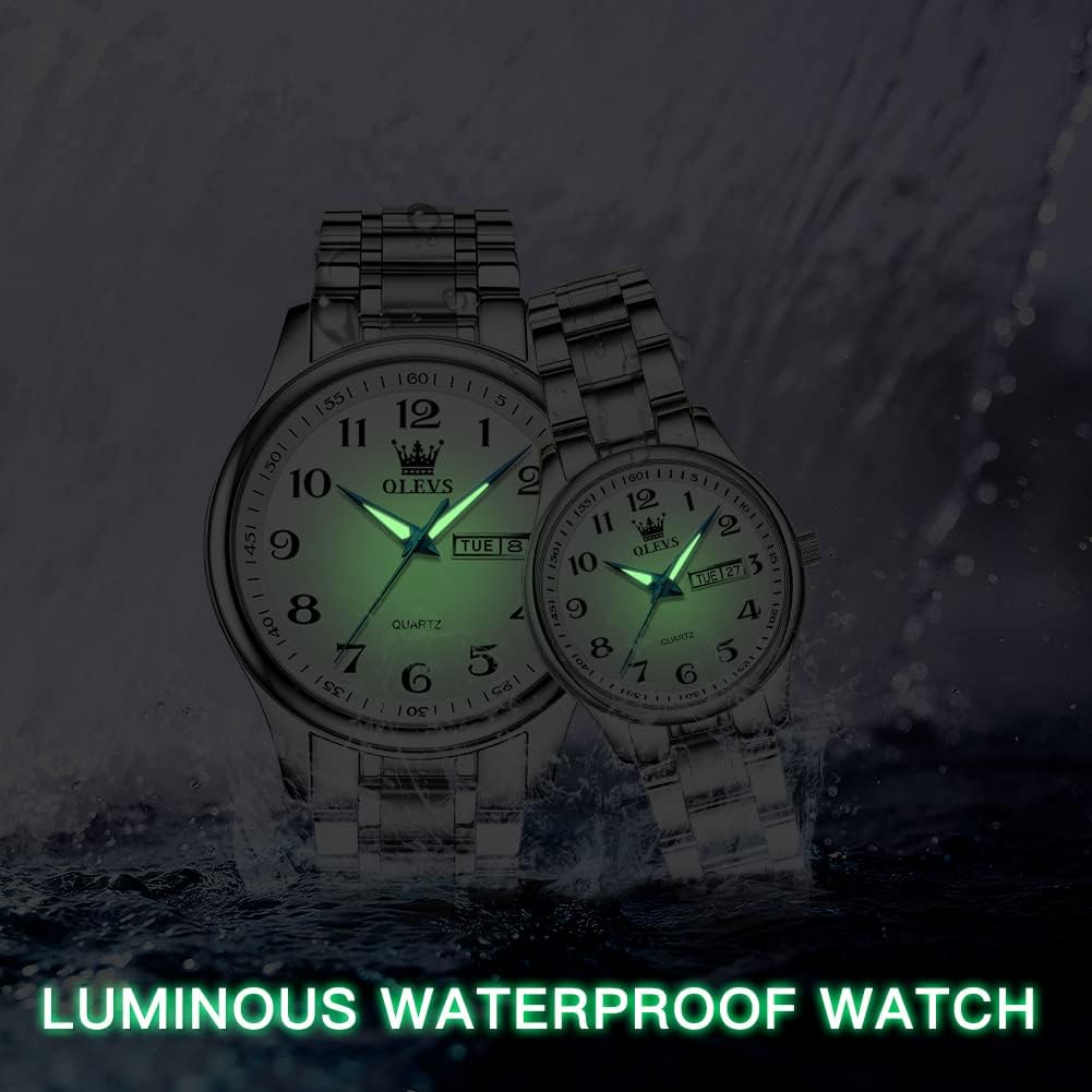 OLEVS His and Her Couple Watches Business Men Women Couple Set Pair Watch Matching Romantic Quartz Stainless Steel Waterproof Date