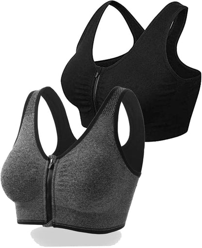 2 Pcs Zip Front Sports Bra, Post Surgery Bra Yoga Bra Workout Fitness Activewear Racerback Padded Bras for Women