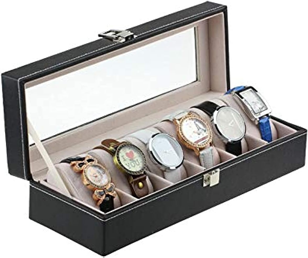 6 Wrist Watches Box Window organizer Box for Save 6Wrist Watches Case Boxes jewelry Display Case Storage Holder (Black)