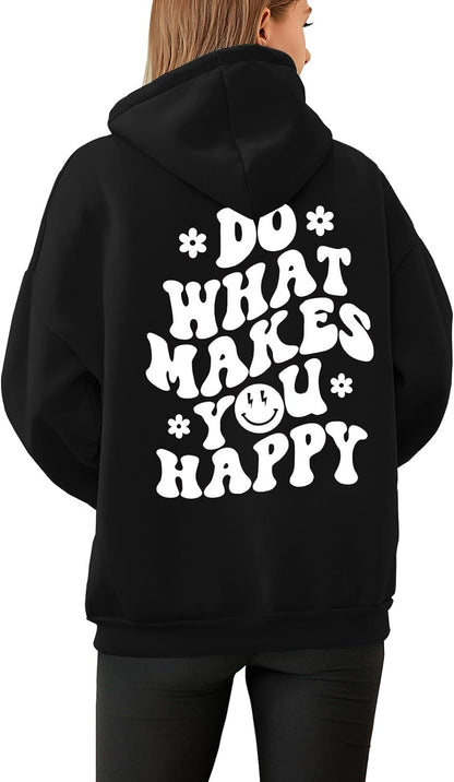 Tuislay Women Cute Graphic Oversized Hoodies Sweatshirts for Teen Girls Aesthetic Y2k Preppy Fleece Happy Hooded Pullover