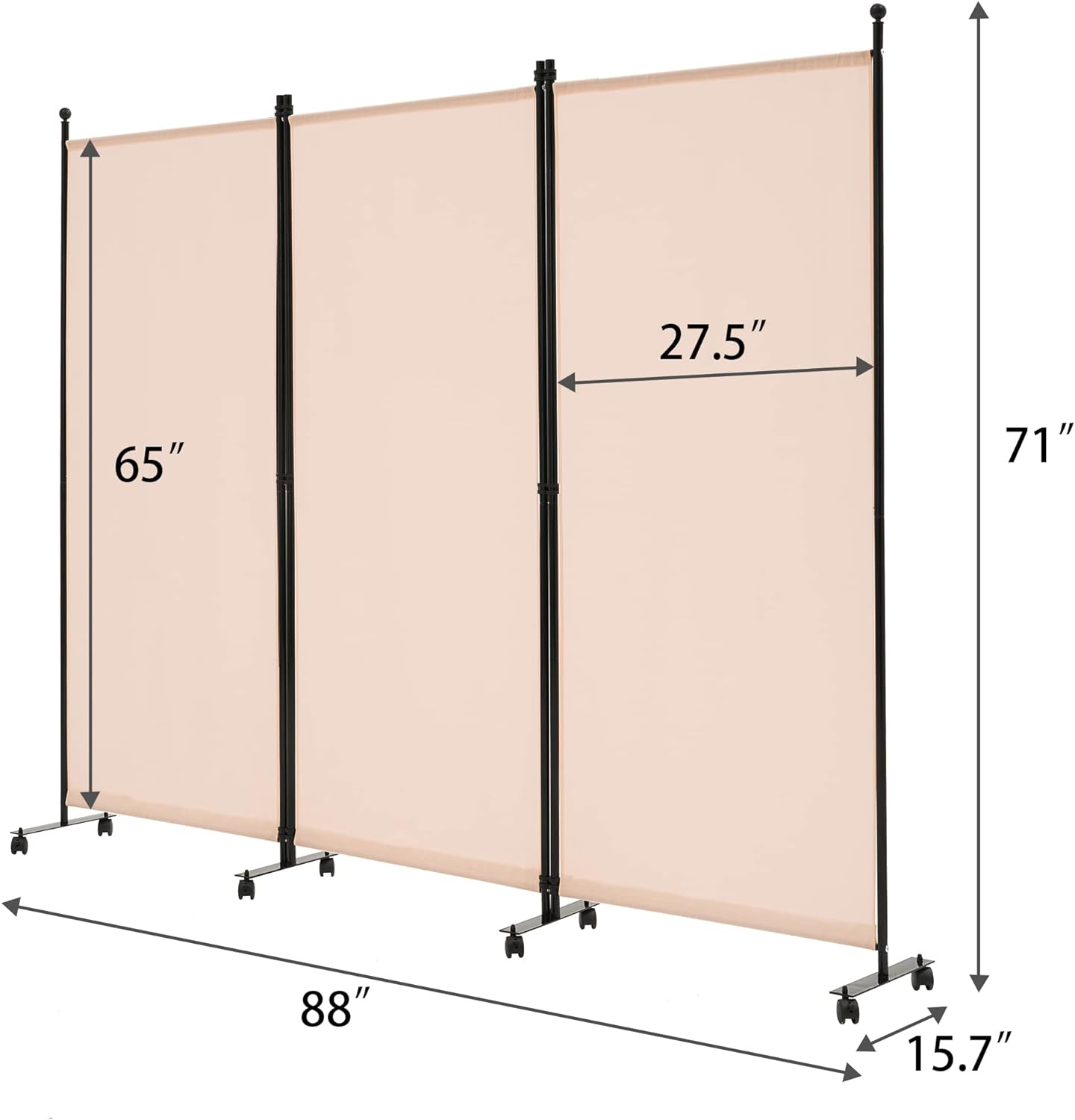 Spurgehom 3 Panel Rolling Room Divider, Folding Partition Privacy Screens, Freestanding Fabric Room Panel, Portable Folding Wall Divider for Office, Room,Restaurant, Hospital (Beige)