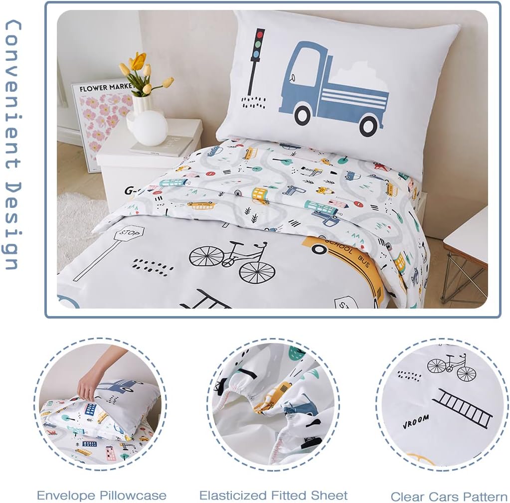 PERFEMET Toddler Bedding Kids 4 Pieces Bed in A Bag for Boys Cars Printed Microfiber Toddler Comforter Sets with Standard Pillow Case Modern Bedroom Collection, White