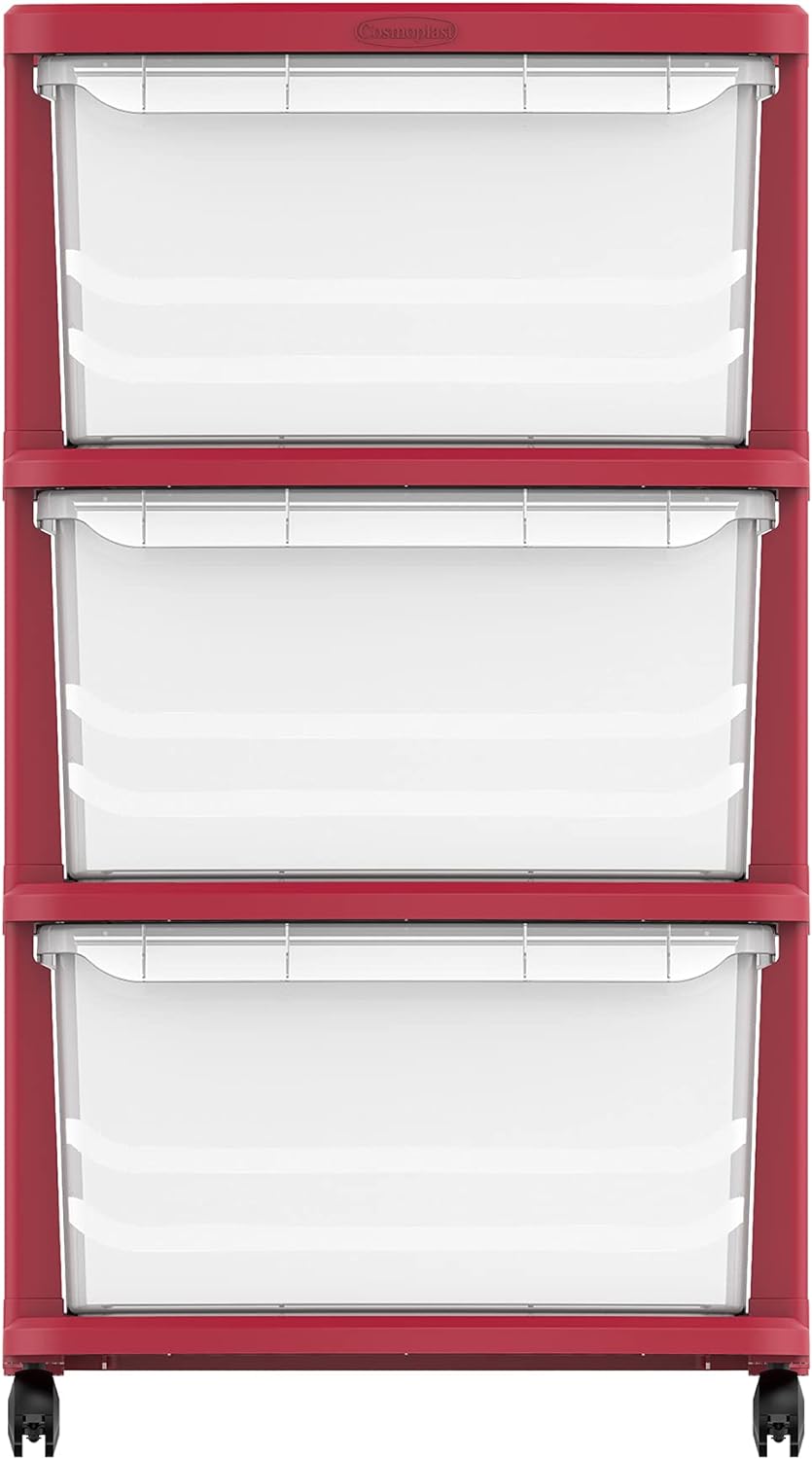 Cosmoplast 3 Tiers Multipurpose Storage Cabinet With Wheels, Dark Red With Translucent Drawers