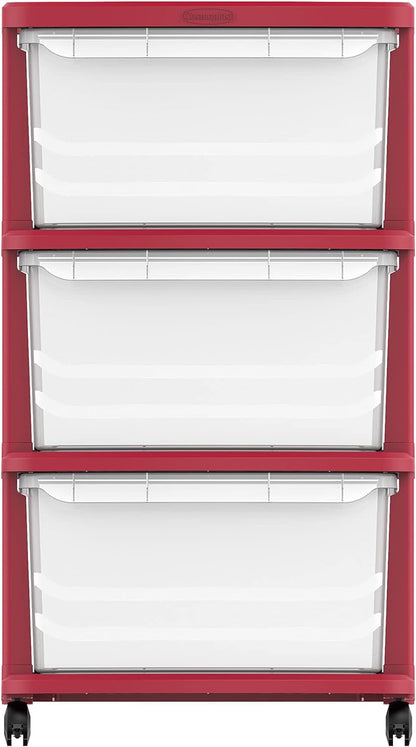 Cosmoplast 3 Tiers Multipurpose Storage Cabinet With Wheels, Dark Red With Translucent Drawers