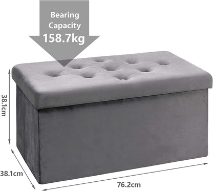 BRIAN & DANY Storage Ottoman Foldable Velvet Footstool Bench with Lid Toy Storage Box, 76 x 38 x 38 cm, Gray