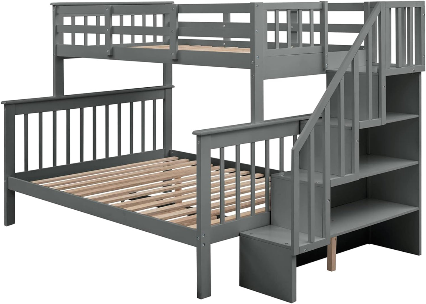 Goohome Twin-Over-Full Bunk Bed with 3 Storage Stairs, Sturdy Solid Wood Trundle Bunk Bed Frame w/Guardrails and Ladder, Built-in Slats, for Adults Kids Teens, No Noise, No Box Spring Needed