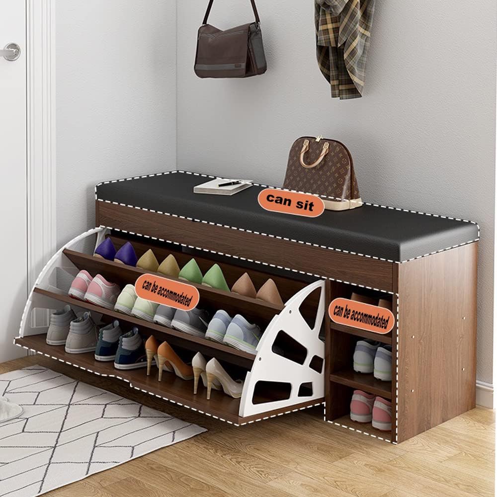 JOMILA Shoe Storage Bench with Hidden Shoe Rack, Leather Entryway Shoe Bench Seat Shoe Organizer Shoe Cabinet, Modern Entry Decorative Furniture-C-Brown 100 x30 x 50cm(24x12x20inch) (B-Black)