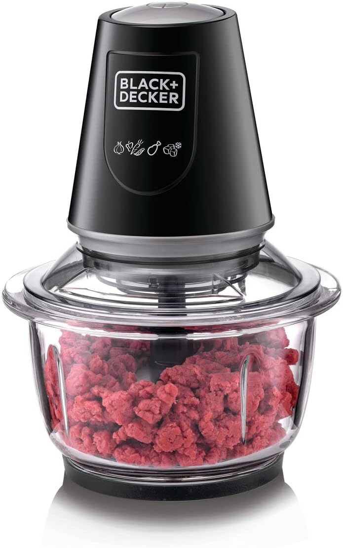 BLACK+DECKER 400W 1.2L Vertical Glass Chopper/Mincer XXL Glass Bowl Capacity With Removable Four Blade System Helps, Chop/Crush Ice/Mince/Grind/Puree Variety Of Ingredients GC400-B5