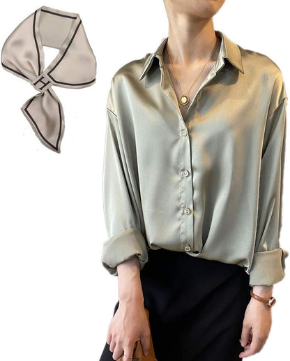 Pantete Womens Satin Silk Button Down Shirt Long Sleeve Casual Office Blouse Top Breathable & Silky