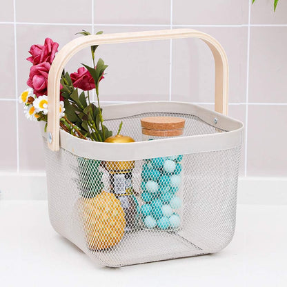 MILLTO Metal Mesh Steel Basket with Bamboo Handle, Garden Harvest Basket for Gathering Vegetables, Multi-Functional Hanging Kitchen Baskets Fruit Basket Bin Storage Organizer Basket (White)