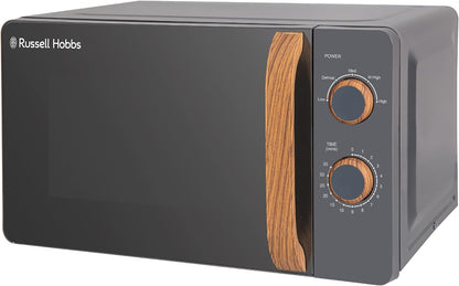 Russell Hobbs RHMM713G 17 L 700 W Scandi Compact Grey Manual Microwave with 5 Power Levels, Wood Effect Handle & Dials, Timer, Defrost Setting, Easy Clean