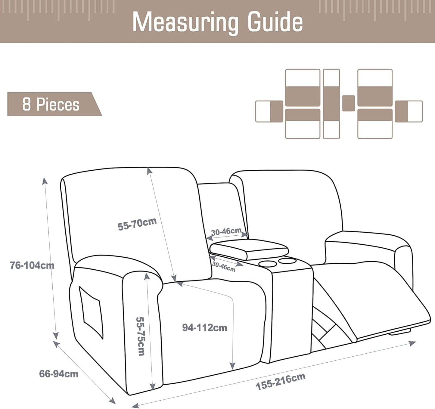 CULOTOL 8-Piece Velvet Stretch Loveseat Reclining Sofa Covers, Reclining Love Seat with Middle Console Slipcover, 2 seat Love Seat Recliner Cover, Thick, Soft, Washable (Black)