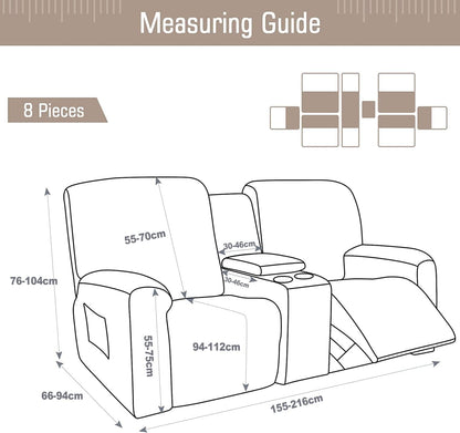 CULOTOL 8-Piece Velvet Stretch Loveseat Reclining Sofa Covers, Reclining Love Seat with Middle Console Slipcover, 2 seat Love Seat Recliner Cover, Thick, Soft, Washable (Black)