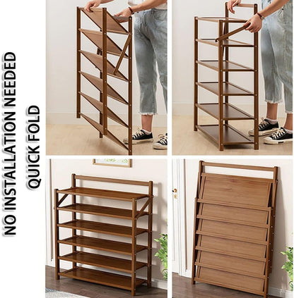 Foldable Shoe Rack Shoe Storage Cabinet Bamboo Shoe Shelf Portable and Dustproof for Living Room Entryway Hallway Shoe Organizer Balcony Flower Plant Stand (Wood, B-5Layer)