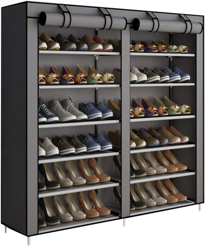 Cestbella Fabric Shoes Rack Cabinet Closet Shoe Storage Organizer with Cover Dustproof Grey 7 Layers 12 Lattices Double Row Shoe Rack for Bedroom Living Room Hallway Holds 36 Pairs Shoe 118x30x108cm