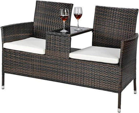 Out Patio Rattan Wicker Furniture with Cushions Double Couple Seat, Love Seat Perfect Front Porch Décor and Garden Poolside Balcony Furniture