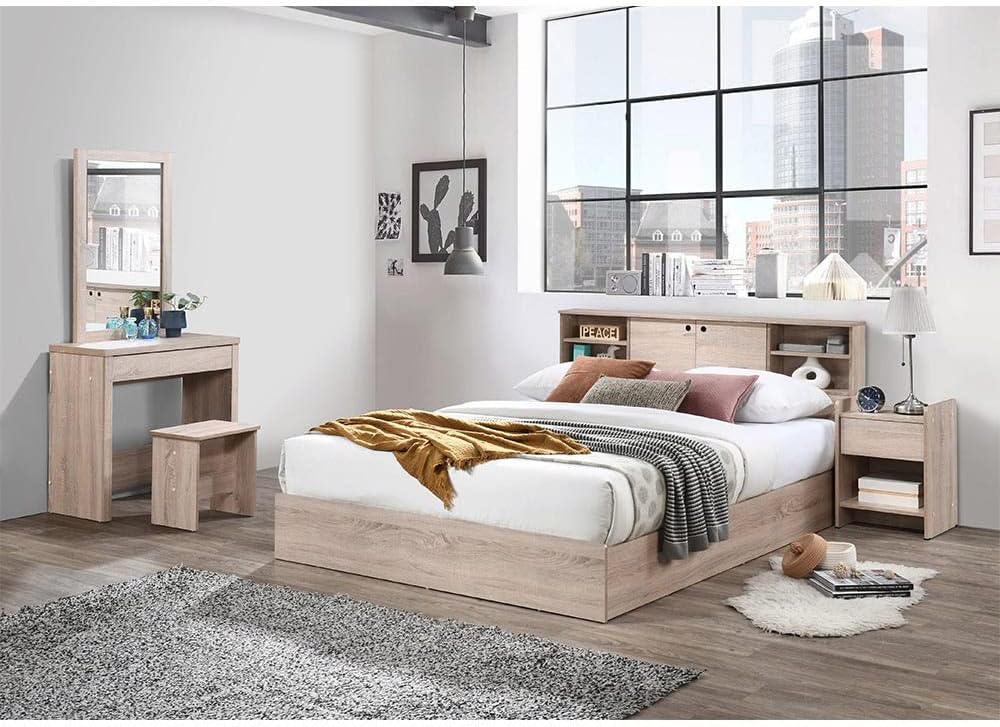 Danube Home Adriana Bed + Dresser And Stool Set | Queen Size (150x200cm) Bed Frame And Dresser Set | Sturdy Modern Design Wooden Double Bedroom Set Furniture | Comfortable Bedset (Columbia)