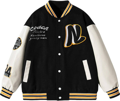 Men Woman Varsity Jacket PU Leather Sleeve American Retro Spring Baseball Uniform Jacket