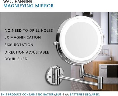 KERUIDEER Wall Hanging Magnifying Mirror 5X for Bathroom Extendable Punch Free Makeup Mirror with Glue(Dia.7.8")